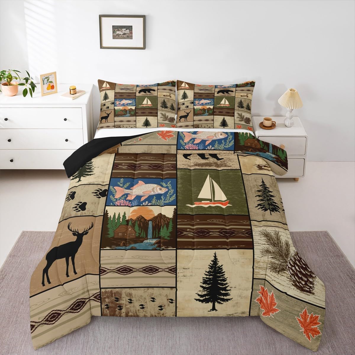 Retro Brown Cabin Comforter Set King,Patchwork Woodland Bear Deer Bedding Sets For Rustic Lodge,Farmhouse Wooden Wild Animal Down Comforter For Boys