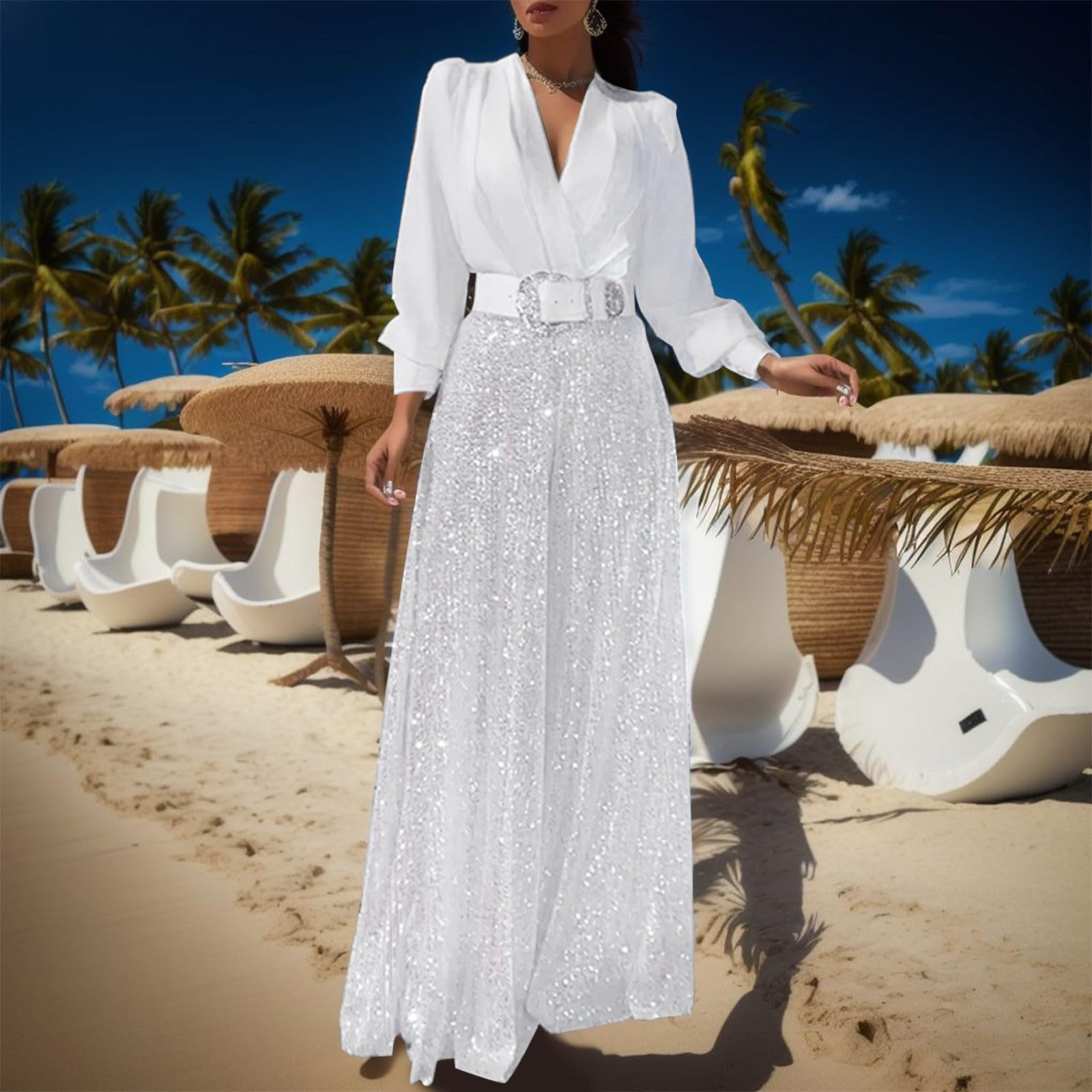Tute Estive Donna -Tuta Completa Elegante Camicie eleganti e pantaloni a gamba larga Sexy scollo a V profondo Camicetta a maniche lunghe Paillettes alla moPantaloni lunghi Pagliaccetti