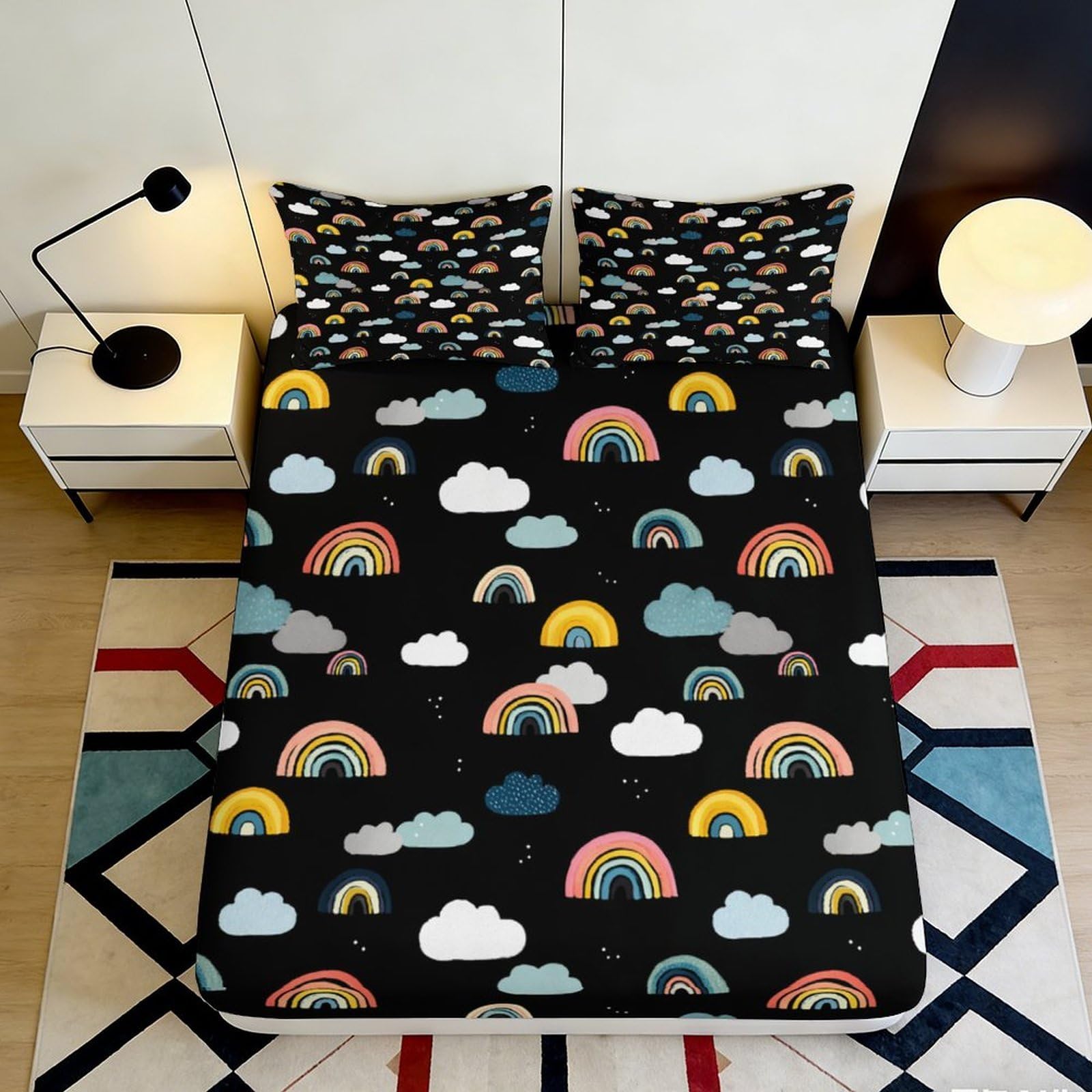 3D Printed Rainbow Cloud Fitted Sheet Microfiber Soft Black Bed Cover for Bedroom Guest Room Dorm Mattress Protection Decor 140x200x25cm