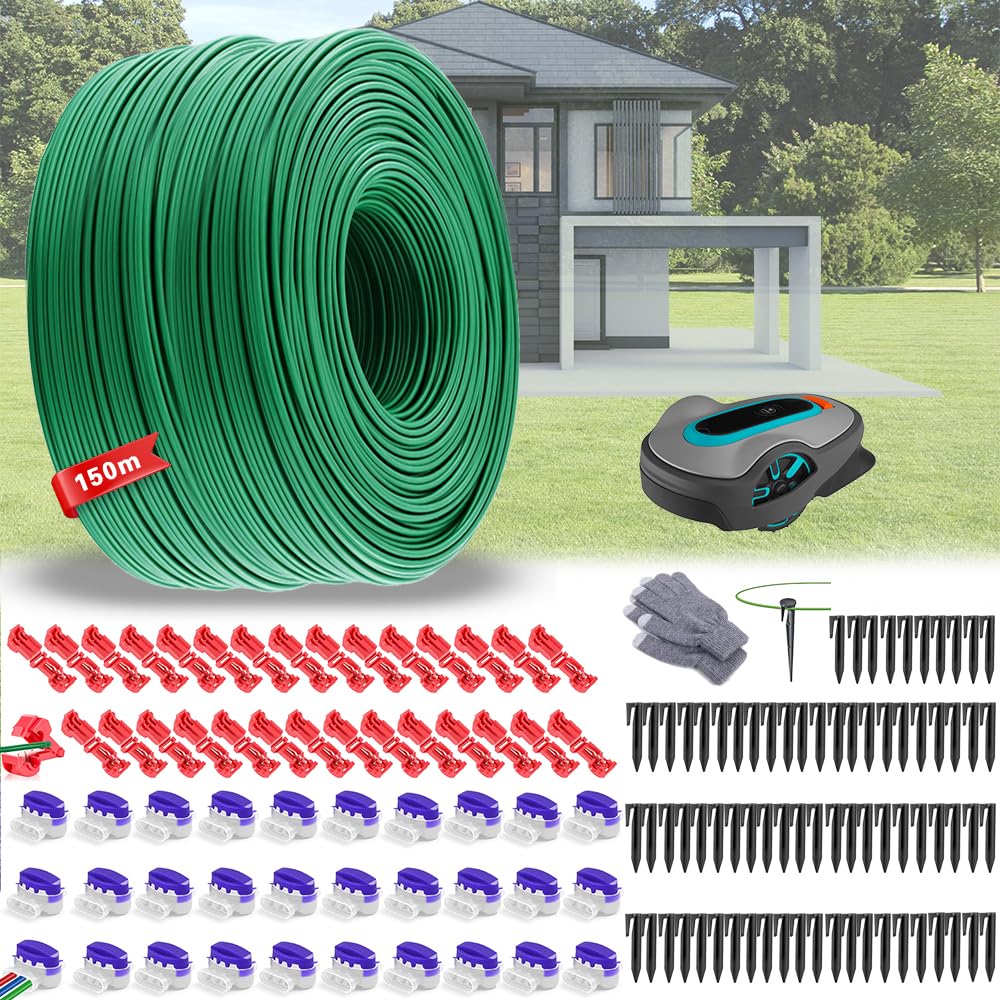 Umfangkabel für Rasenmäher Roboter, Begrenzungsdraht für Rasenmäher Roboter 150 m + 75 Heringe + 30 Anschlüsse + 30 Anschlüsse aus verzinktem Kupfer