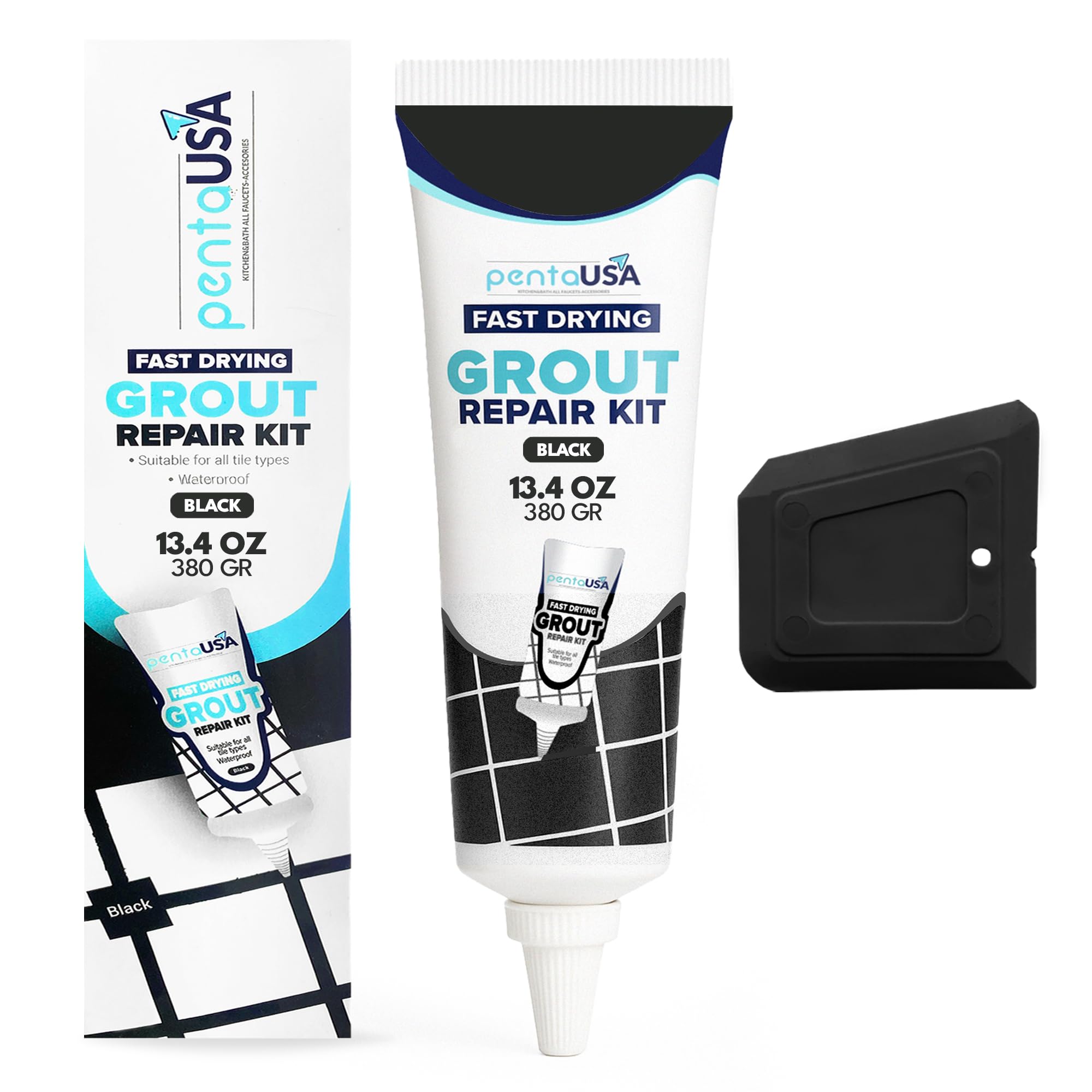 Grout - Ready Mixed Tile Grout with Scraper, Easy Squeeze & Fast Drying - Perfect for Bathroom, Shower, Kitchen + Mould Protection - 380gr (Black)