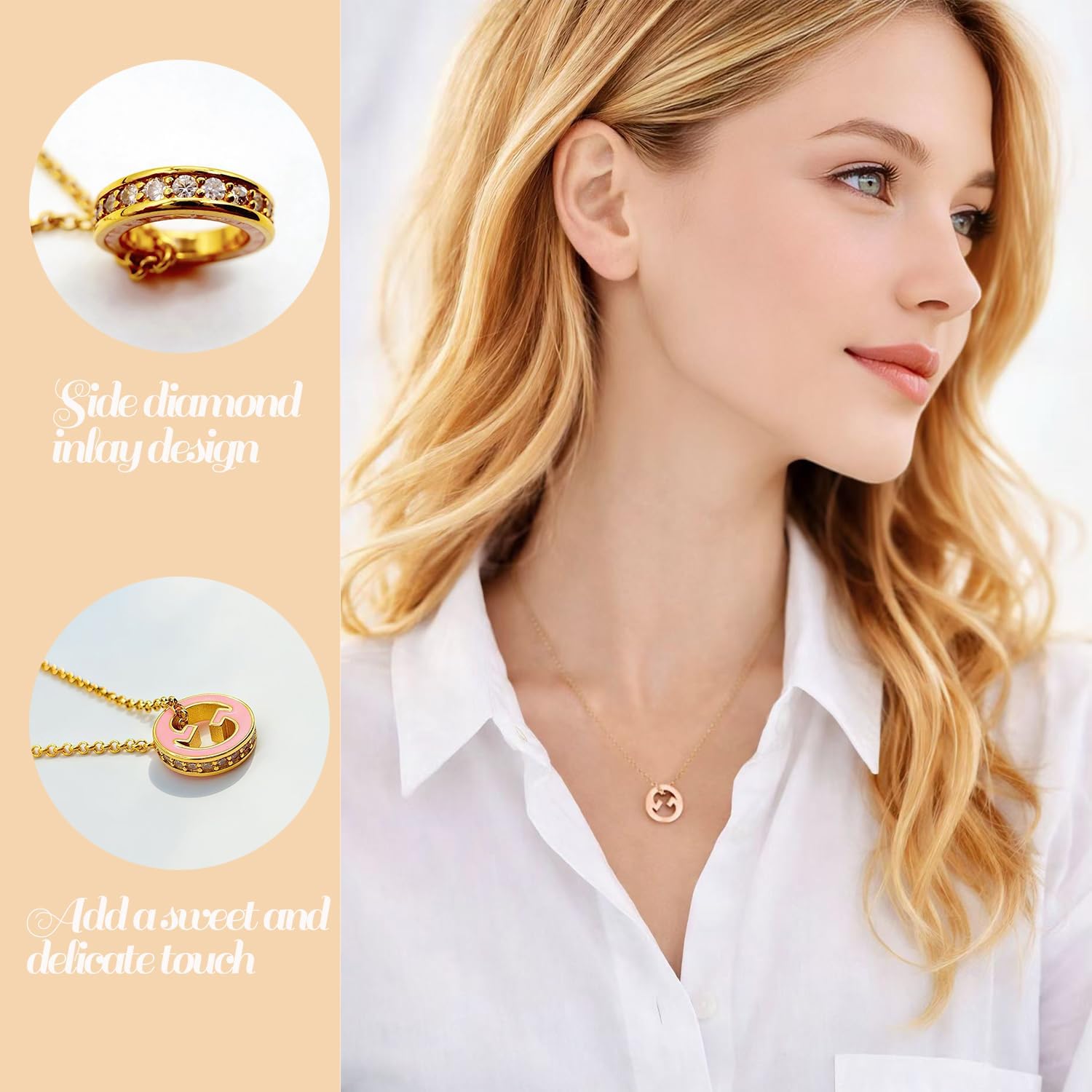 18K Gold Plated Copper Pink Enamel Round Pendant Necklace for Women, Geometric Hollow Charm with Rhinestone Edge, Adjustable Chain Minimalist Jewelry - Image 5