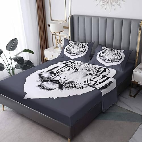 Juego de sábanas de tigre divididas tamaño King, sábanas de cama y fundas de almohada estampadas de 5 piezas, microfibra suave con bolsillo