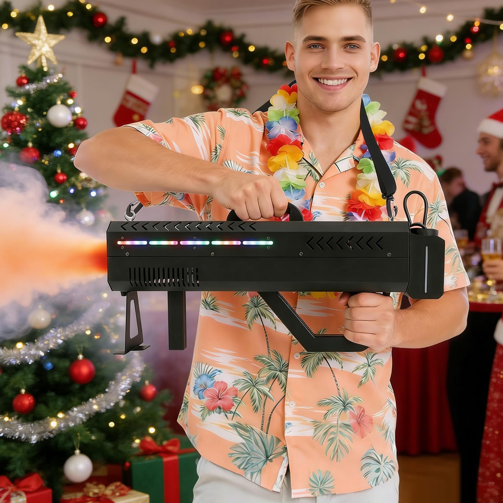 Handheld Nebelmaschine 1500W mit RGB LED-Lichtern, Schultergurt & Ständer | tragbar Rauchmaschine für DJ, Disco, Hochzeiten, Halloween, Stimmungsvolle Effekte für Partys und Bühnen