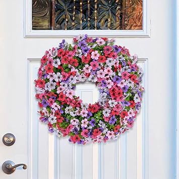 Artificial Eucalyptus Violet Wreath, 35cm/45cm Artificial Spring Wreath with Colorful Flowers, Silk Floral Wreath for Front Door Wall Window Garden Indoor Outdoor Home Decor (45cm)