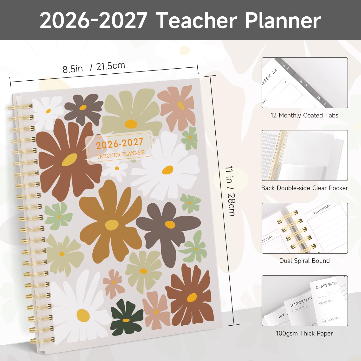 Planificador para profesores 2026-2027, semanal y mensual para el año académico con calcomanías, 8.5 x 11 pulgadas, encuadernado con alambre, pestañas laminadas, bolsillo, organiza fácilmente tu