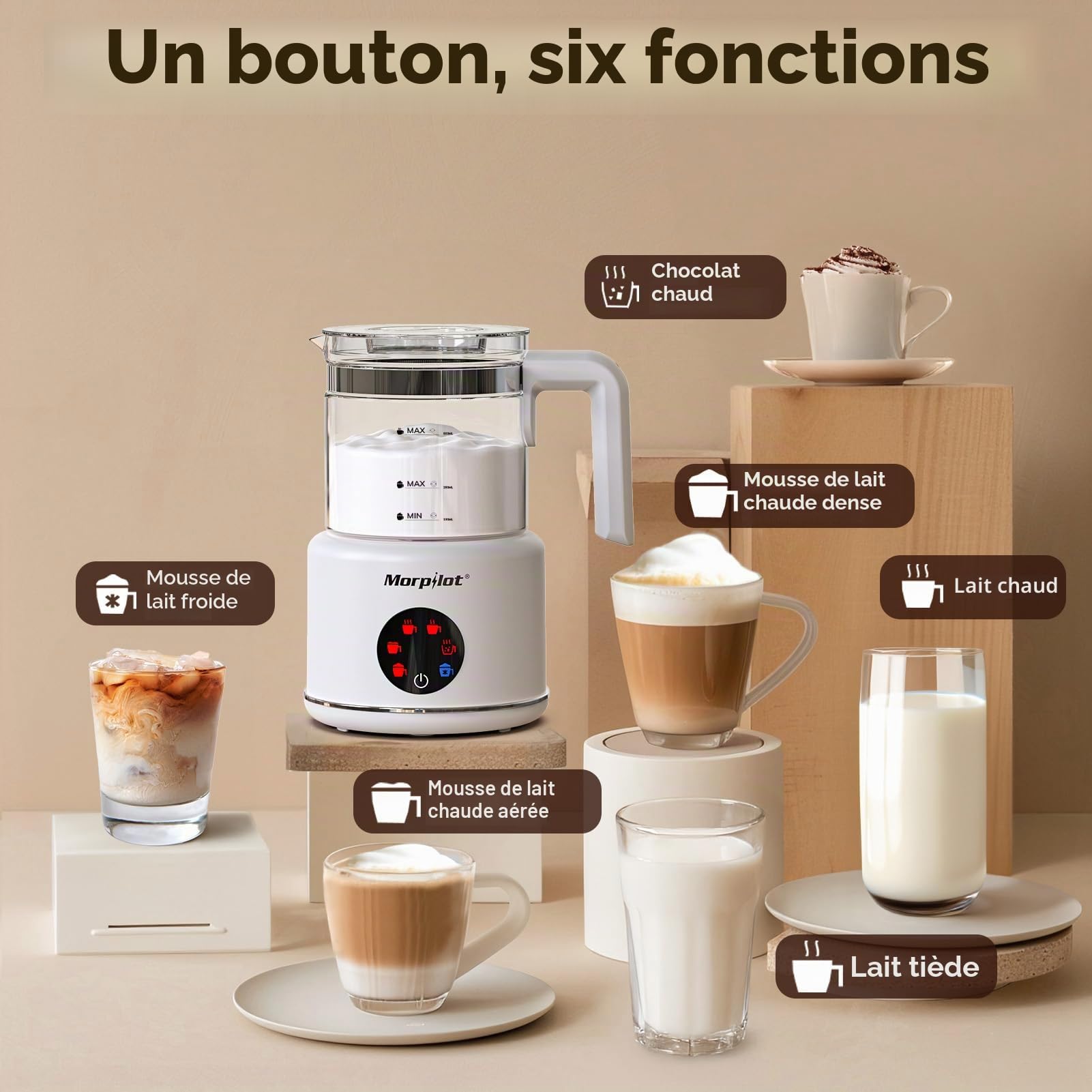 Morpilot Mousseur à Lait Électrique en Verre 6 en 1, Grande Capacité 500ml 600W Milk Frother à Mousse de Lait Chaude et Froide, Chauffe-Lait Emulsionneur de Lait Divisé pour Cappuccino Macchiato Latte