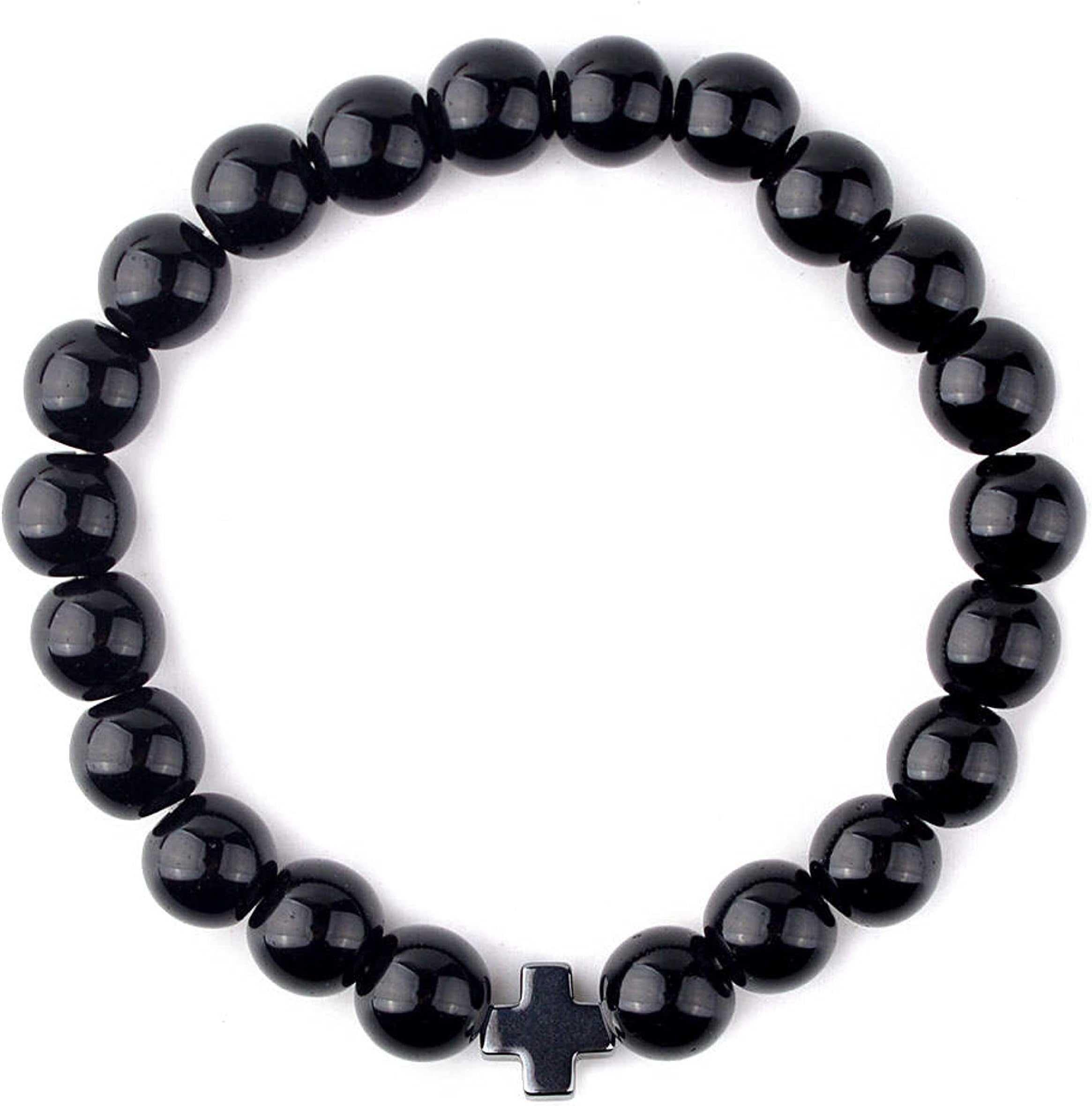 Christian Prayer Beads Bracelet Black Stone Beads & Cross Multiple Sizes!