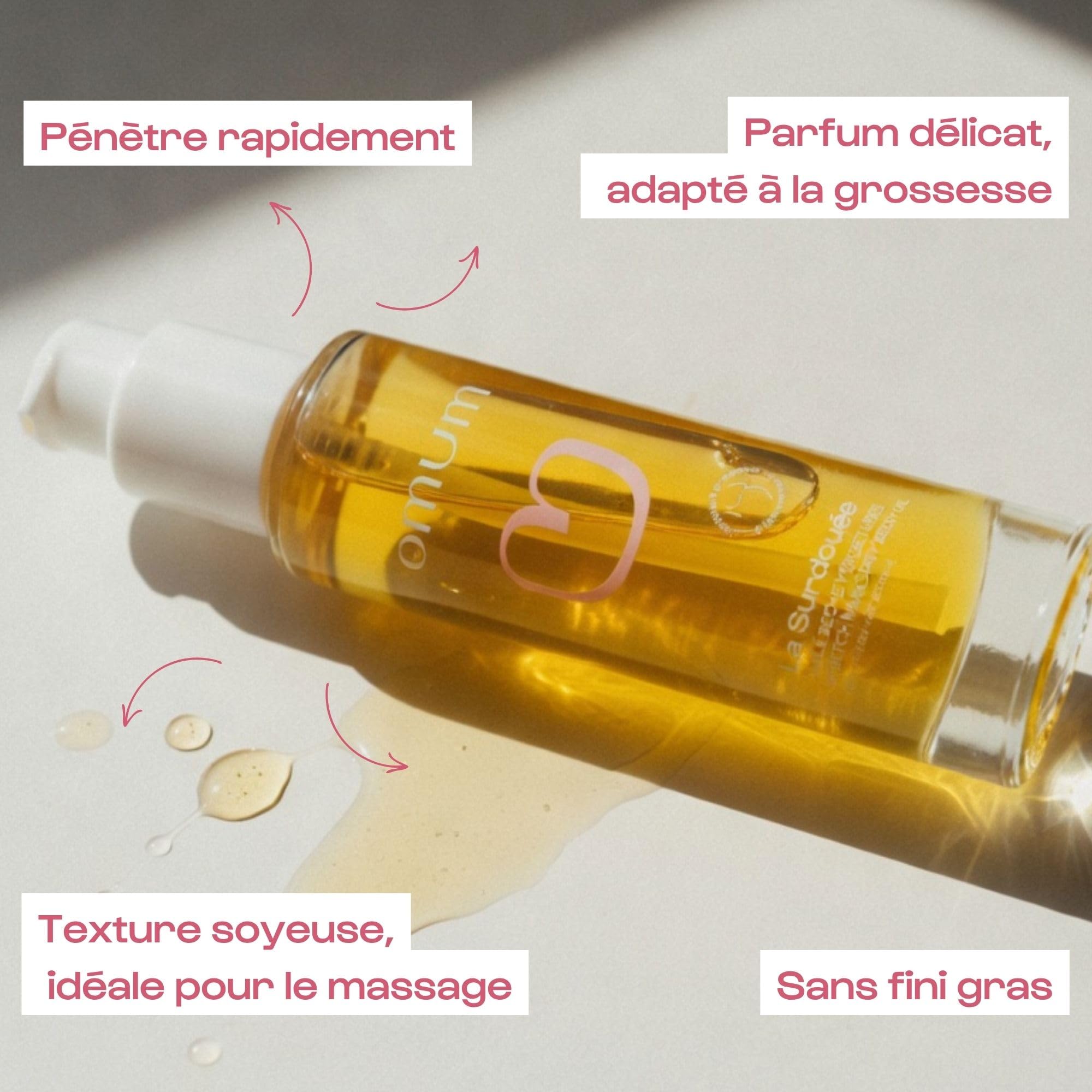 OMUM - La Surdouée Huile - Huile vergetures 100% naturelle - Peau nourrie, souple et élastique - Toucher sec - Compatible grossesse dès le 1er mois - Vegan - 100 ml