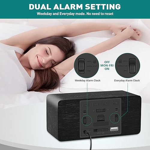Miniatura 6 de Tokodos Reloj despertador digital de madera con carga inalámbrica y cargador USB, atenuador continuo, alarma dual, repetición de 9 minutos, cargador