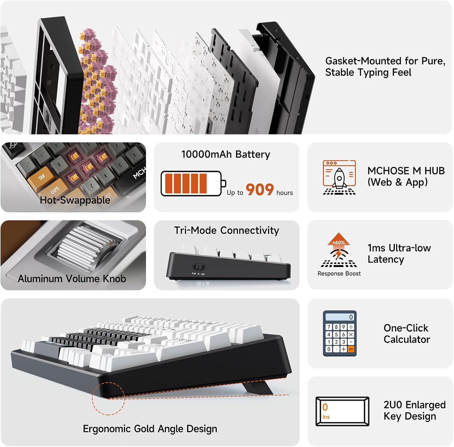 MCHOSE UT98 Wireless Mechanical Keyboard Compact Gaming Keyboard with Knob Tri-Mode Connection Hot Swappable Custom Creamy Keyboard Gasket Structure Pre-lubed Linear Switches RGB Classic ICY