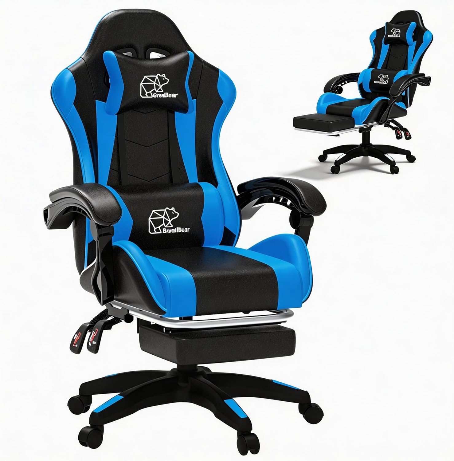 Computer Gaming Chair, Ergonomic Gaming Chair, Leather Office Chairs with Foot Rest, Back Recliner Height Adjustable (Blue+Black)