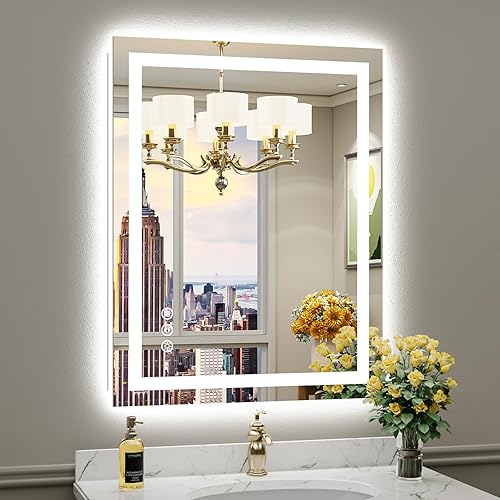Miniatura 101 de Espejo de baño LED de 24 x 32 pulgadas con luces, retroiluminado y frontal iluminado, espejo de tocador de baño con luz antiniebla para pared