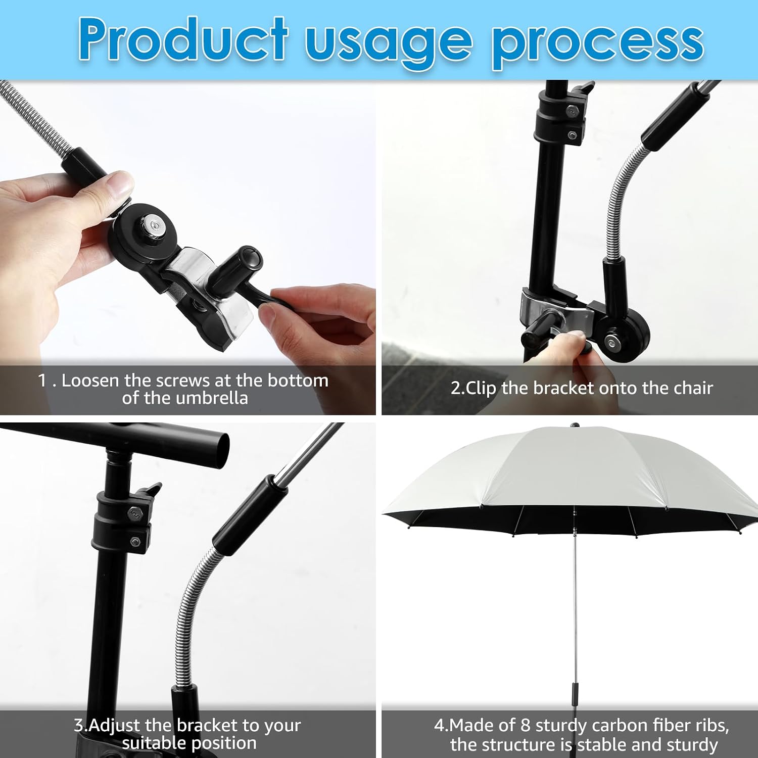 42 Inch Beach Umbrella with Universal Clamp, 360 Adjustable Shade Umbrella, Portable Outdoor Sunshade for Beach, Camping, Wheelchair
