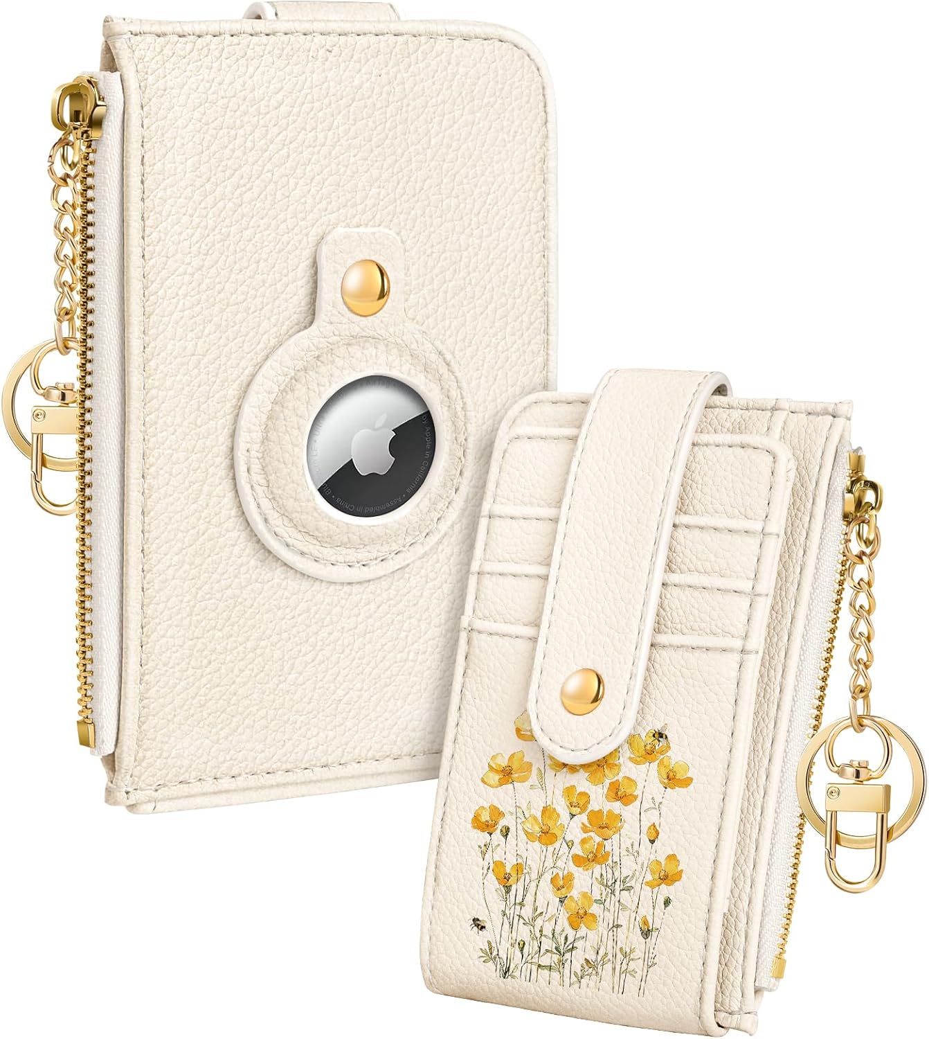 Cute Card Wallet Women with AirTag Holder - Daisy Flower Genuine Leather Small Wallets with Keychain RFID Credit Cardholder Air Tag Aesthetic Coin Purse for Female Ladies Teen Girls