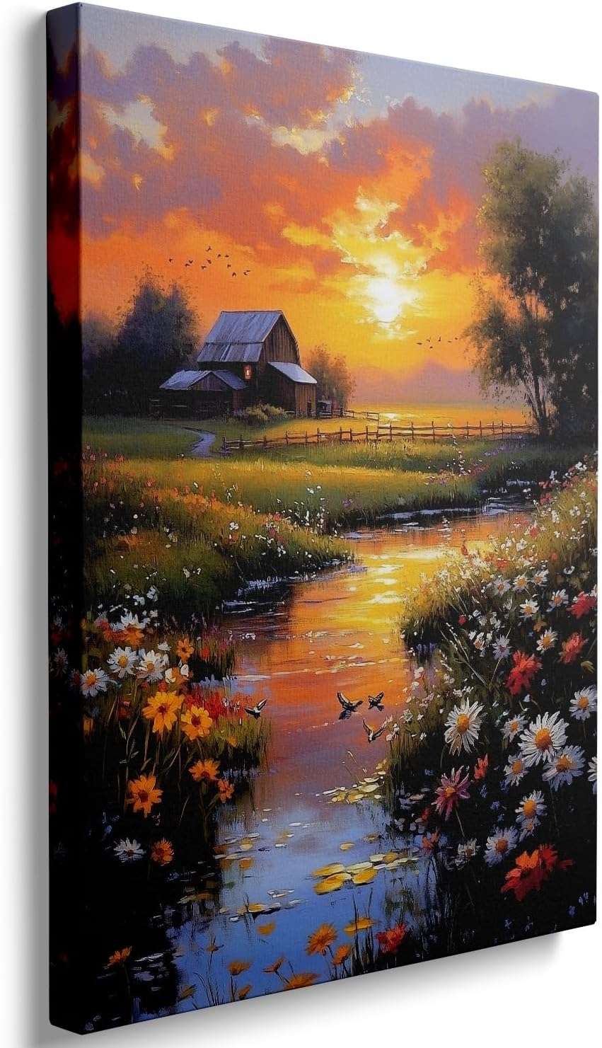 Rustic Farmhouse Canvas Wall Art Country Landscape with Daisies Painting, French Countryside Barn Print, Nature Mountain Scenery Wall Decor for Living Room, Bedroom, Bathroom Office (16''x24'')