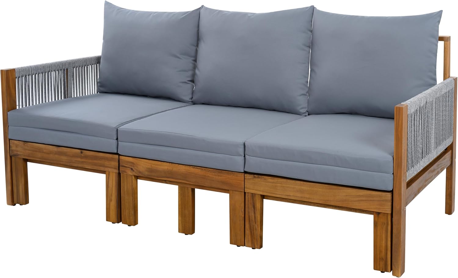 Outdoor Patio 3 Seat Sofa, Acacia Wood Patio Sofa Sunbed Convertible to Chaise Lounge Sleeper Sofa with Cushions for Porch Backyard Courtyard Poolside (Grey-3.4)