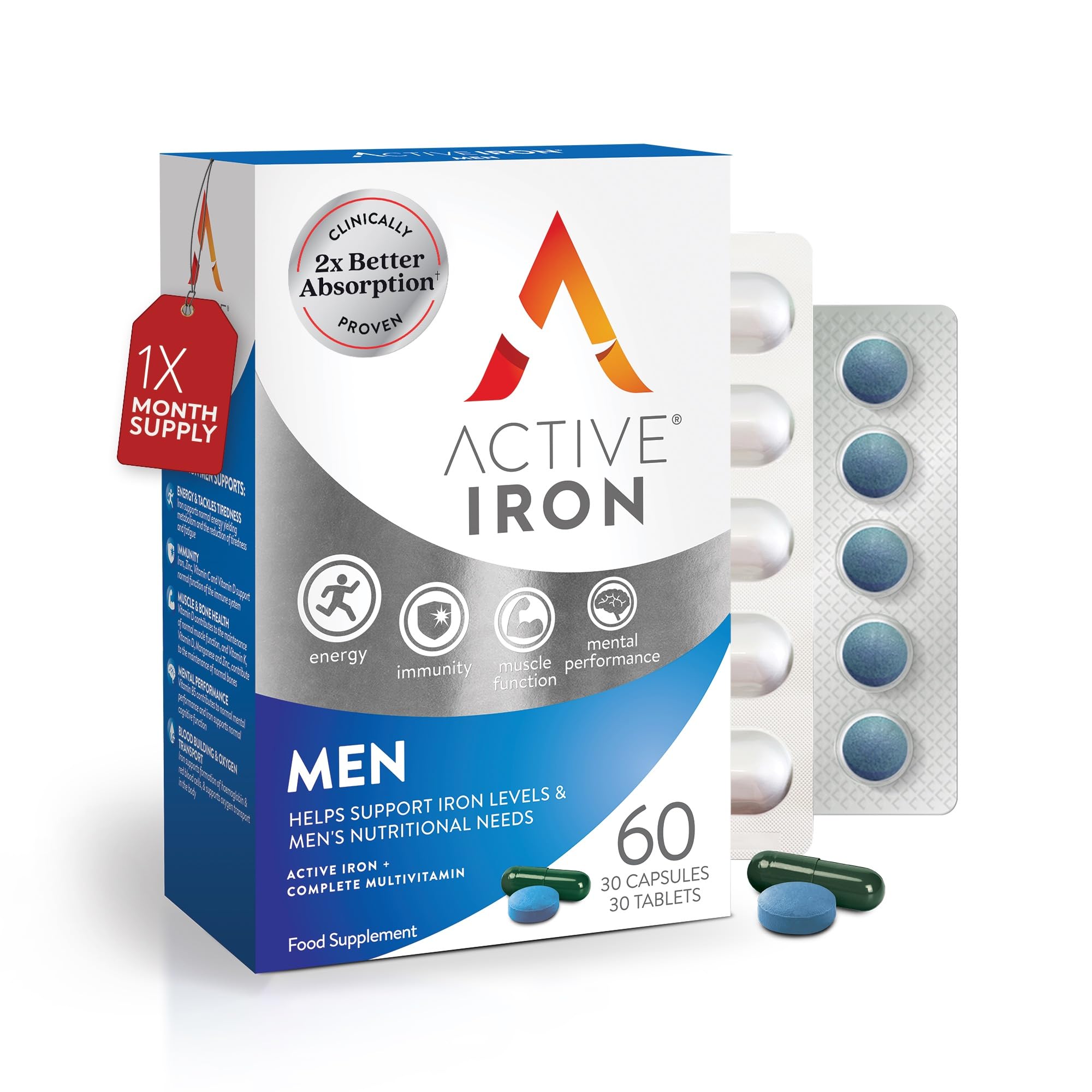Active Iron Supplement 14 mg + Multivitamin for Men – Clinically Proven to Increase Energy & Reduce Tiredness – Gentle, Non-Constipating Iron + Men’s Multivitamin – 30 Capsules + 30 Tablets