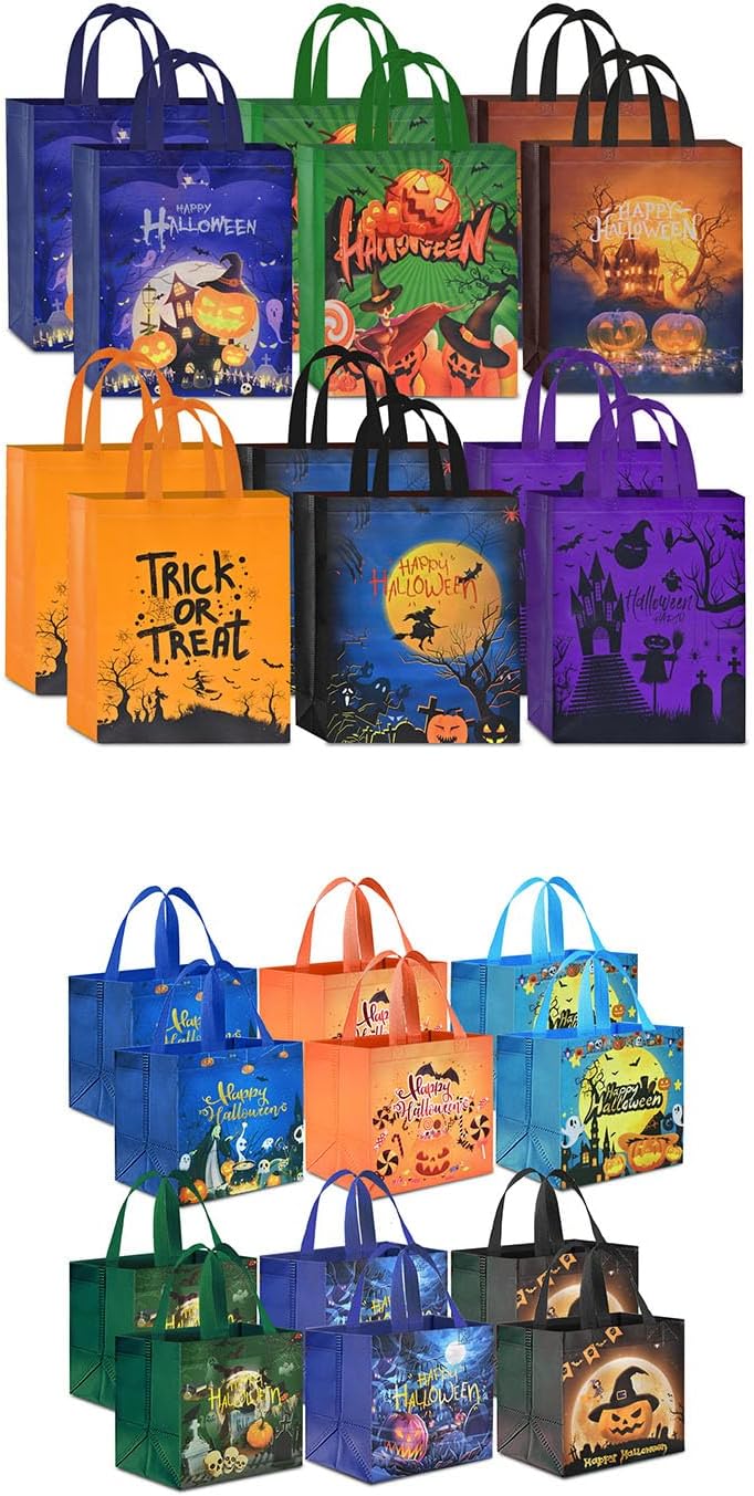 AhfuLife 12 Patterns Halloween Trick or Treat Bags, Halloween Candy Tote Bags with Handles for Kids, Reusable Halloween Gift Bags Halloween Party Supplies (12 Pcs 7.8×7.8×5.9'', 12 pcs 15×11.8×3.9'')