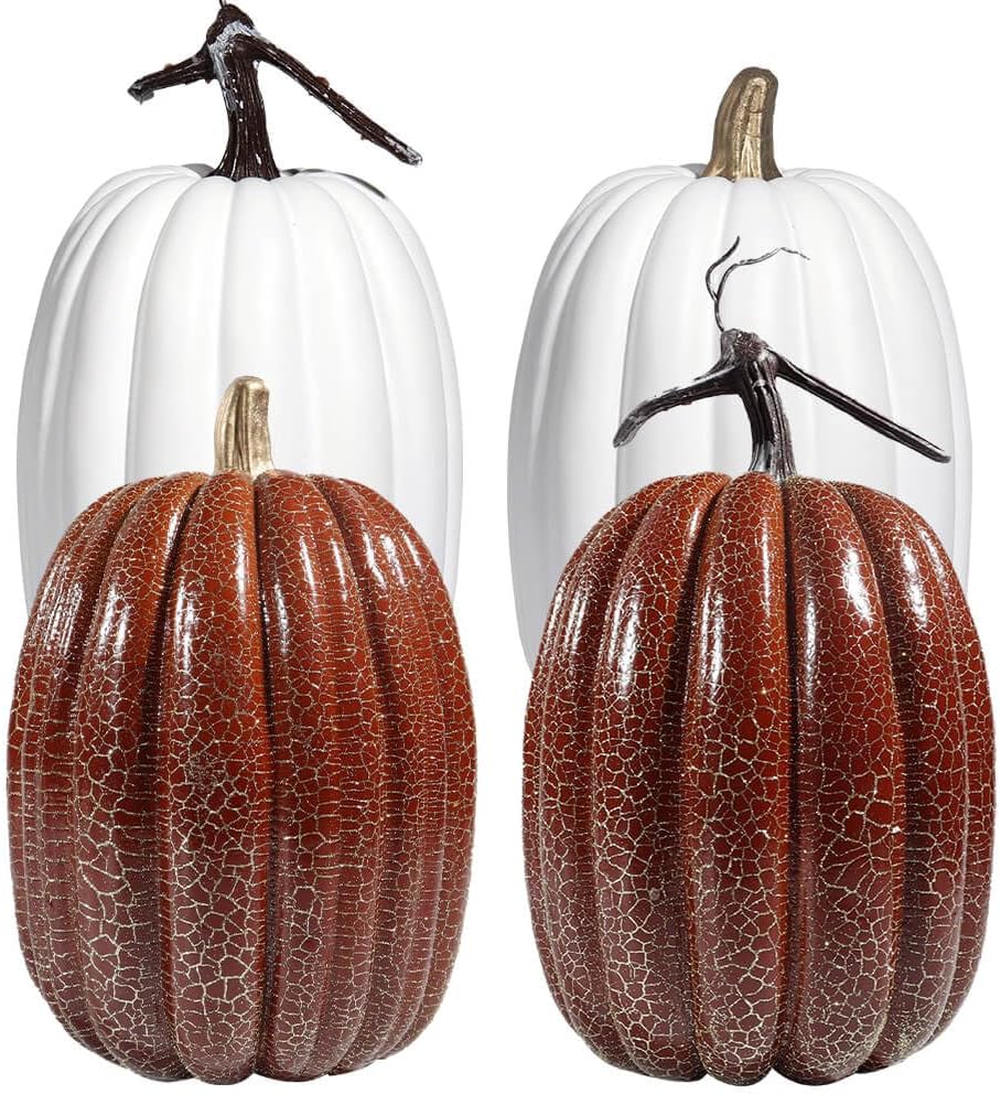 vensovo 8.5 Inch Large Brown Cracked Design & White Pumpkins for Decorating - 4 PCS Big White Cracked Foam Decorative Pumpkins for Fall Decor, White Paintable Artificial Pumpkins