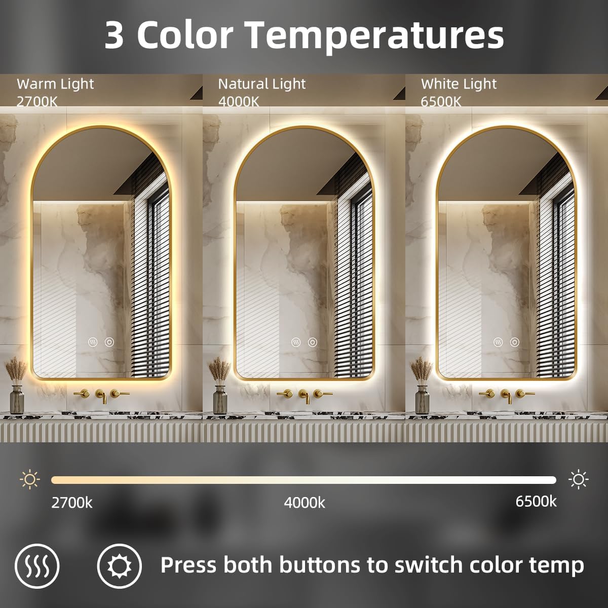 40"H x 24"W Arched LED Bathroom Mirror, Brushed Gold Framed Backlit Vanity Mirror with Lights, Wall Mounted Lighted Mirror, Dimmable 3-Color Shatter-Proof Arch Smart Mirror, UL-Listed, CRI 90+