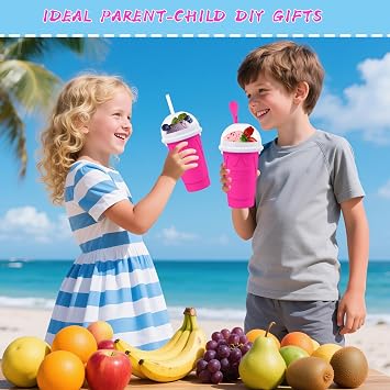 500ML Slushie Maker Cup- DIY Magic Slushy Maker Squeeze Cups, Portable Smoothie Squeezes Cup for Milk and Ice Cream Make, Double Layer Slushy Maker Cups, Birthday Gifts for Mom Dad & Family Pink 500ML