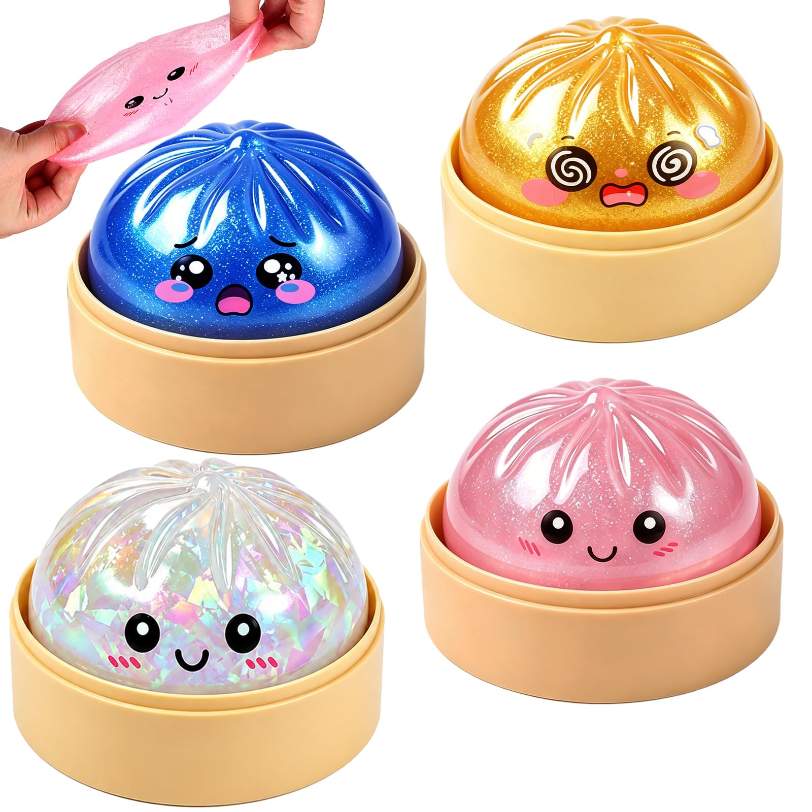 4 Pcs Dumpling Squishy Toy, Mystery Dumplings Squishys Fidget Toys for Kids & Adults, Glitter Dumplings Squishy Toys, Sensory Squishies Stress Ball for Autism Anxiety Relief Home Office
