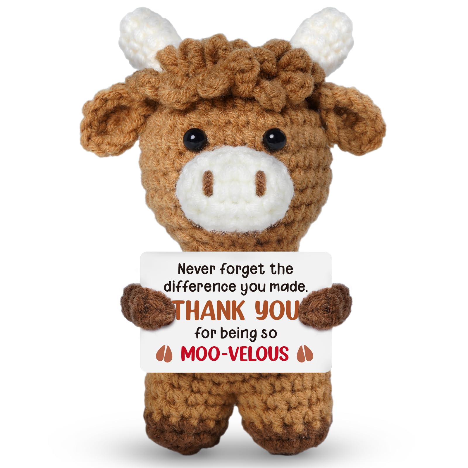 Thank You Gift for Women, Teacher, Coworker, Friend – Funny Highland Cow Crochet Doll – Handmade Stuffed Animal with Pun Card – Appreciation Present for Her, Birthday, Retirement, Office Desk Decor — image 1