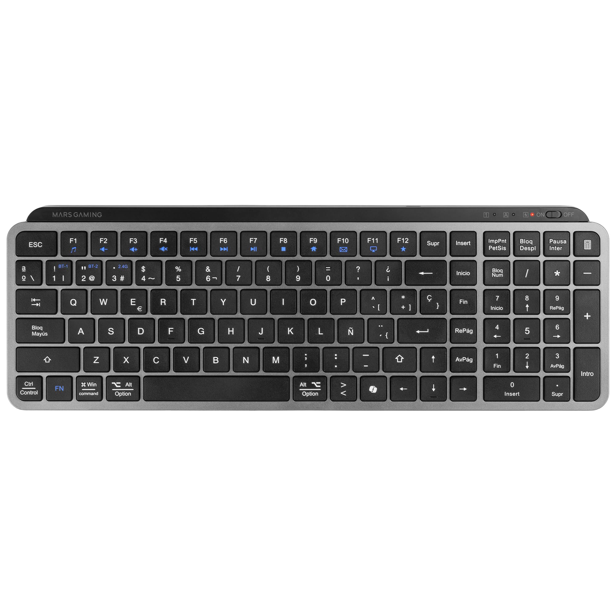Mars Gaming MK-​SILENKEYS, Español, Teclado Inalámbrico Full-​Format Compacto, Perfil Bajo, Switches Tijera Silenciosos, Tecla Copilot AI, Bluetooth 5.1 Dual 2.4GPRO, Batería 200h, PC, Mac, Negro