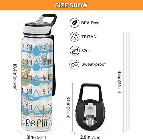 Miniatura 3 de JUNZAN Botella de agua con marcador de tiempo, estampado de hojas de arce otoñal, botellas de agua de 32 onzas con popote para entrenamiento,