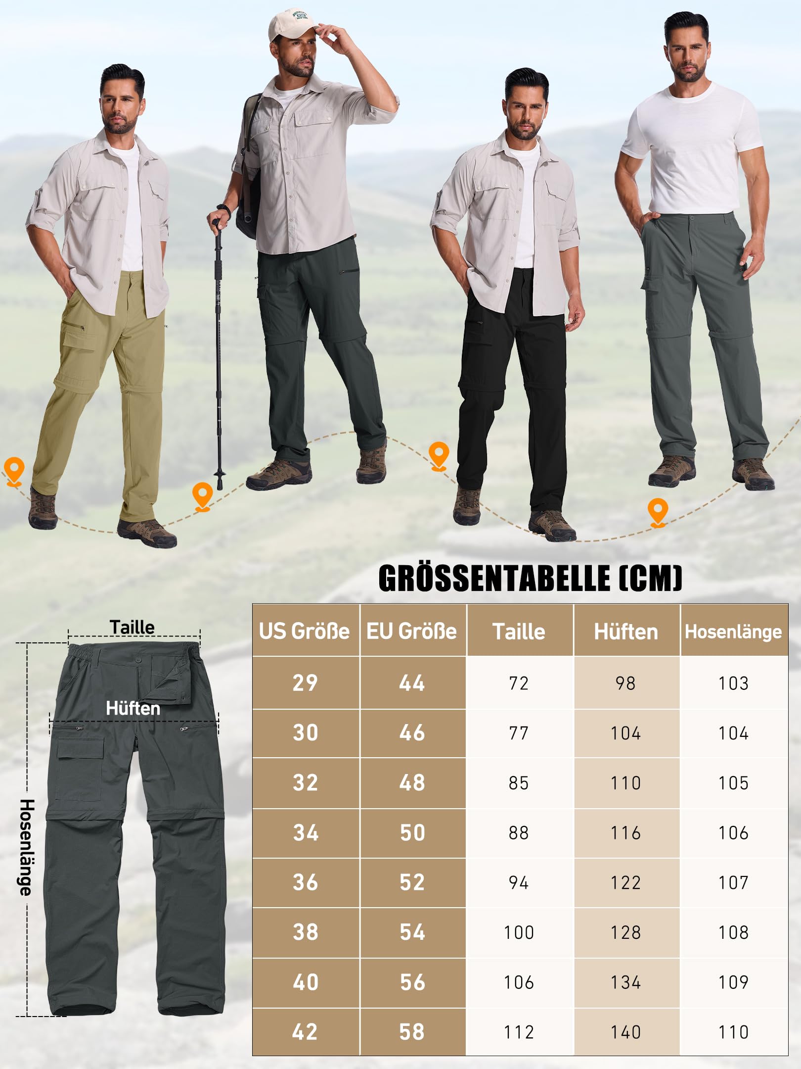 Pantalón Hombre Convertible, Pantalón de Senderismo Verano Ligero Transpirable de Secado Rápido Desmontable, Cargo 6 Bolsillos para Senderismo, Trekking, Ciclismo, Viaje, Camping
