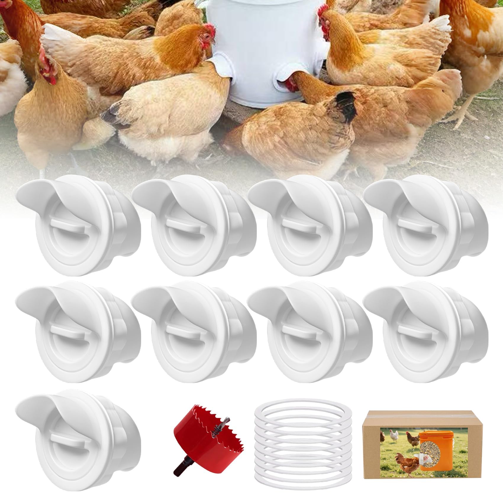Comedero de gallinas 9 puertos Bebedero de pollo automático alimentador para aves de corral gravedad Kit para cubos de barril