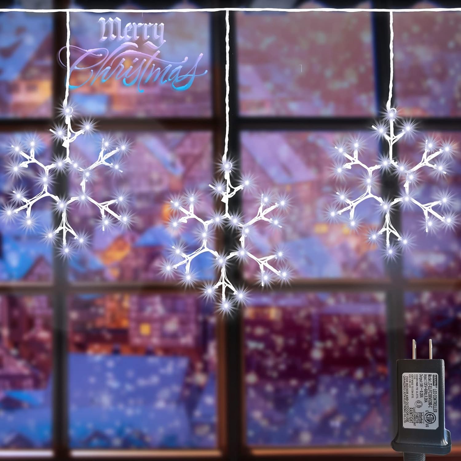 Christmas Snowflake Icicle Lights Outdoor, 3 Pcs Large Hanging Window Lights, Waterproof Connectable LED Fairy String Lights for Indoor Home Roof Patio Tree Decoration - Cool White