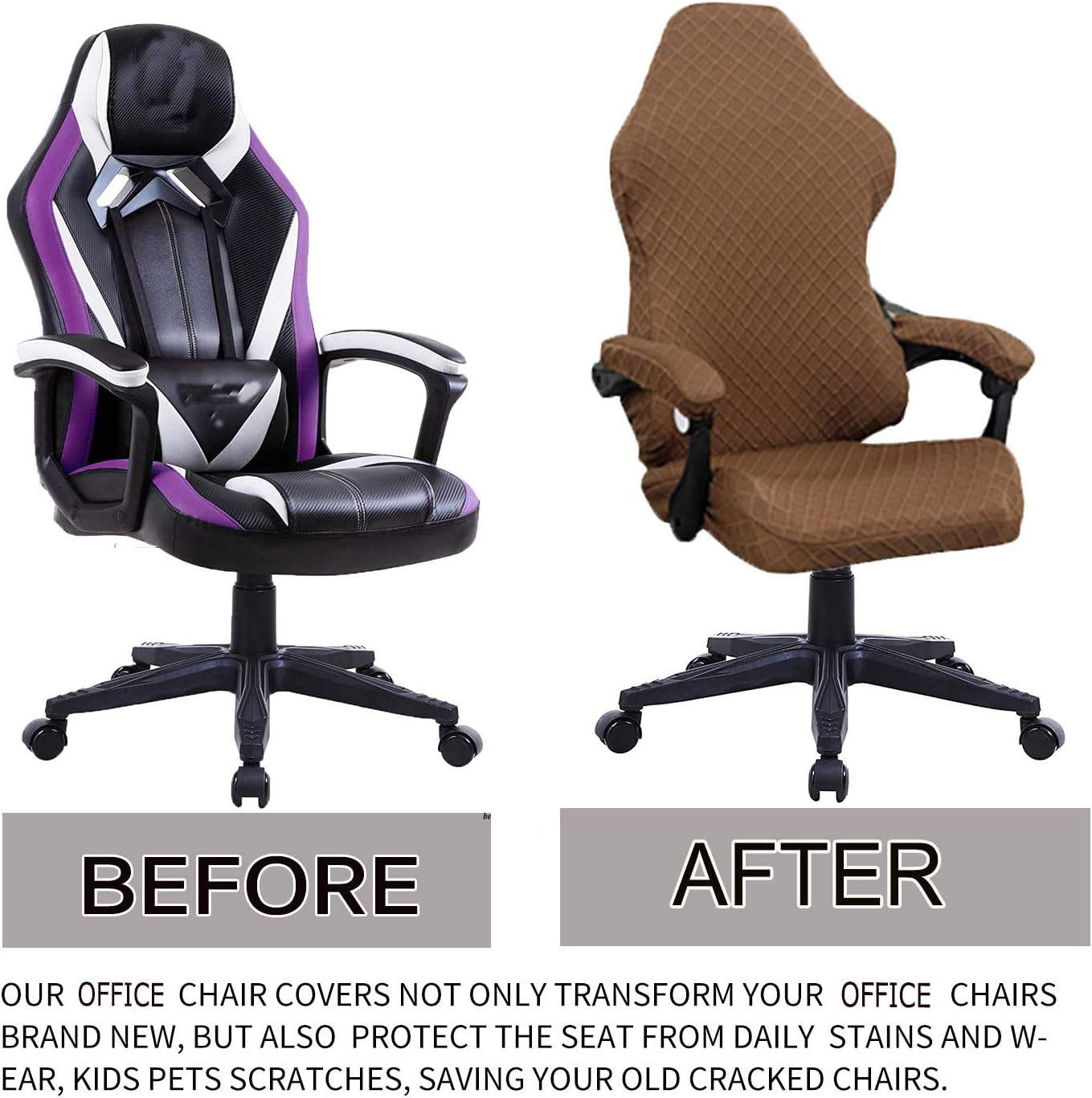 Deisy Dee NO Chair Covers - Stretchy Polyester Gaming Chair Slipcovers for Reclining Racing Chairs (Coffee)