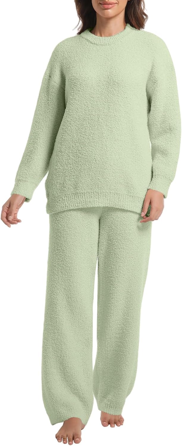 2 Piece Fleece Pajamas for Women Set Loungewear Outfits Knit Sweater Womens Long Sleeve Fuzzy Pajama Sets - Image 2