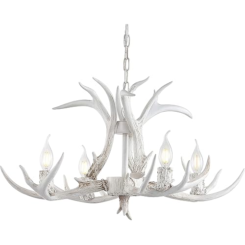 JONATHAN Y JYL6301B Eldora 26" Adjustable Resin Antler 4-Light LED Chandelier, Glam, Rustic,Cottage,Transitional, Dimmable Dining Room, Living Room, Kitchen, Foyer, Bedroom, White