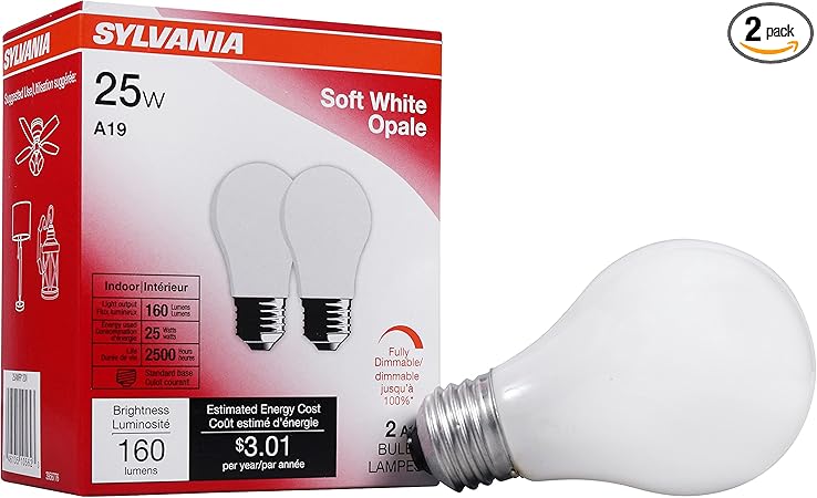 LEDVANCE Sylvania Incandescent Light Bulb, 25W A19, Dimmable, Medium Base, 160 Lumens, 2850K, Soft White - 2 Pack (10562)