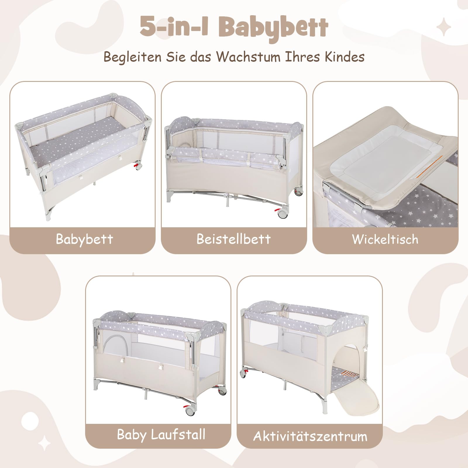 COSTWAY 5 in 1 Beistellbett klappbar, Reisebett mit Matratze, 2 Ebene Babybett mit Rollen, Spielbogen & Wickelauflage, Stubenwagen mit Tragetasche für Baby bis 3 Jahren (Beige)