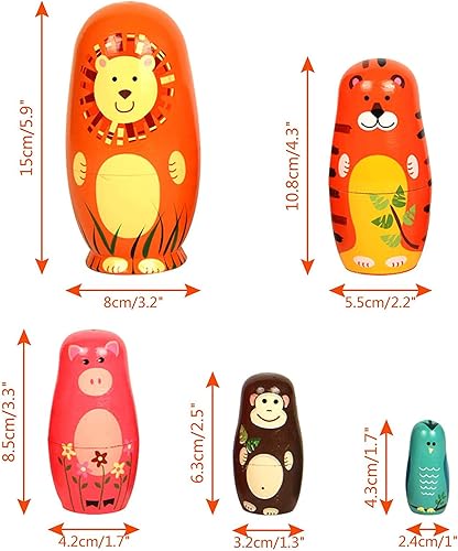 Miniatura 3 de Conzy Muñecas rusas de anidación para niños, muñecas Matryoshka de madera apilables hechas a mano, 5 piezas con bonito patrón de animales de dibujos