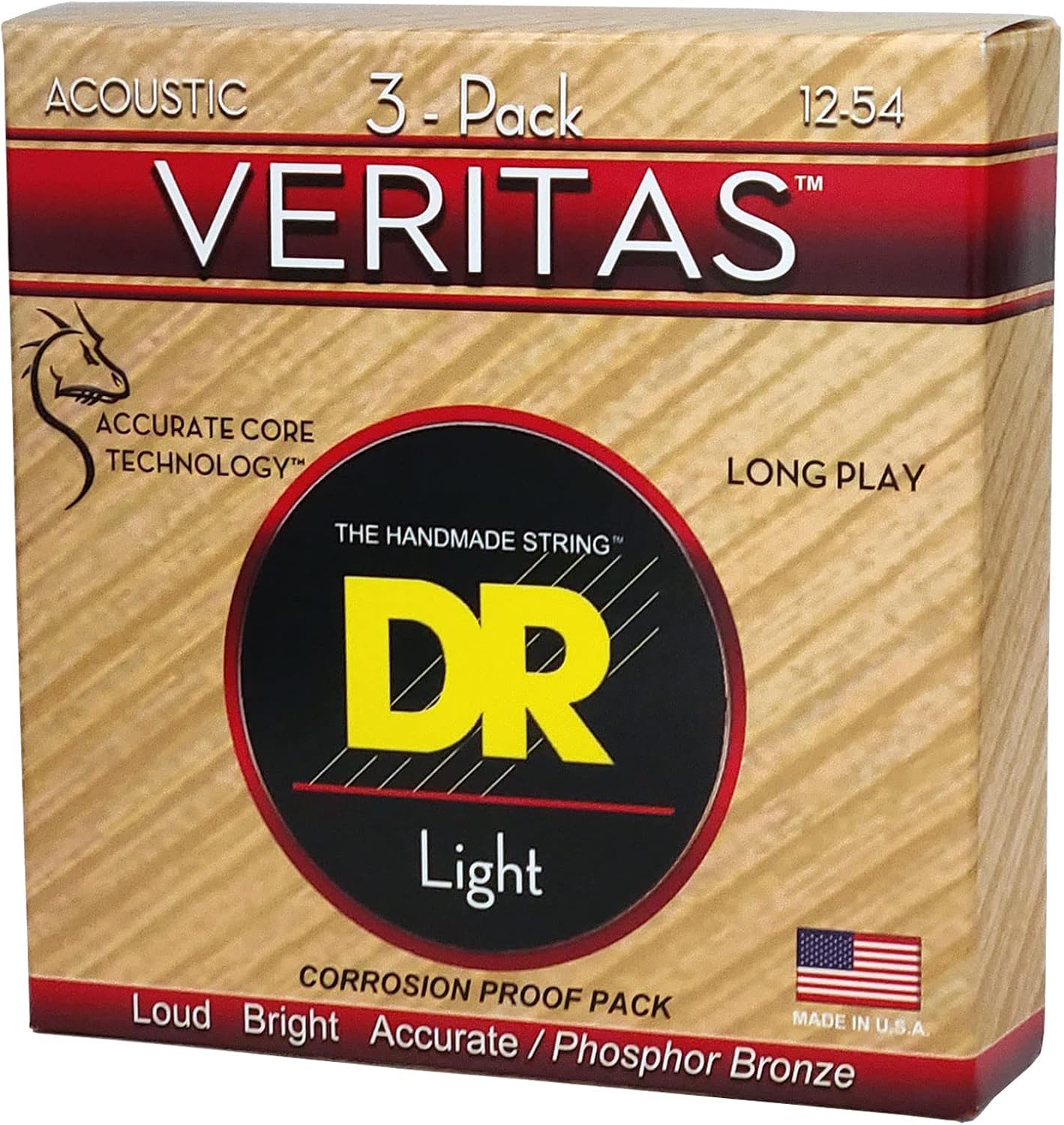 DR Strings Veritas Coated Core Technology Acoustic Guitar Strings, Light 12-54, 3-Pack (VTA-12-3PK)