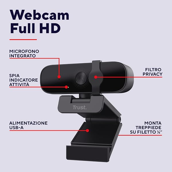 Trust Oran 1080p Webcam PC con Microfono, Web Camera PC USB con Filtro Privacy, Fuoco Fisso 30 FPS, Plastica Riciclata 85%, V - 1