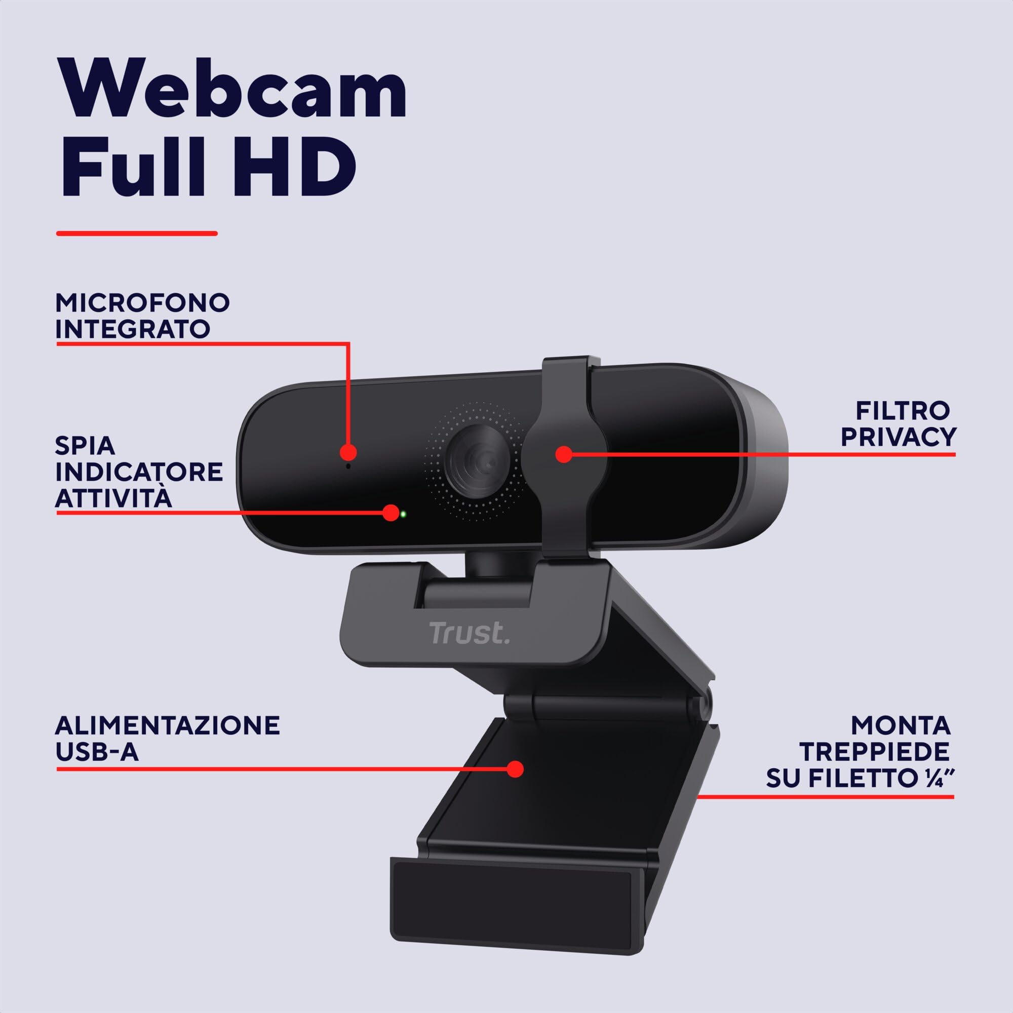 Trust Oran 1080p Webcam PC con Microfono, Web Camera PC USB con Filtro Privacy, Fuoco Fisso 30 FPS, Plastica Riciclata 85%, Videocamera Full HD per Laptop Desktop Mac Windows Skype Zoom Teams
