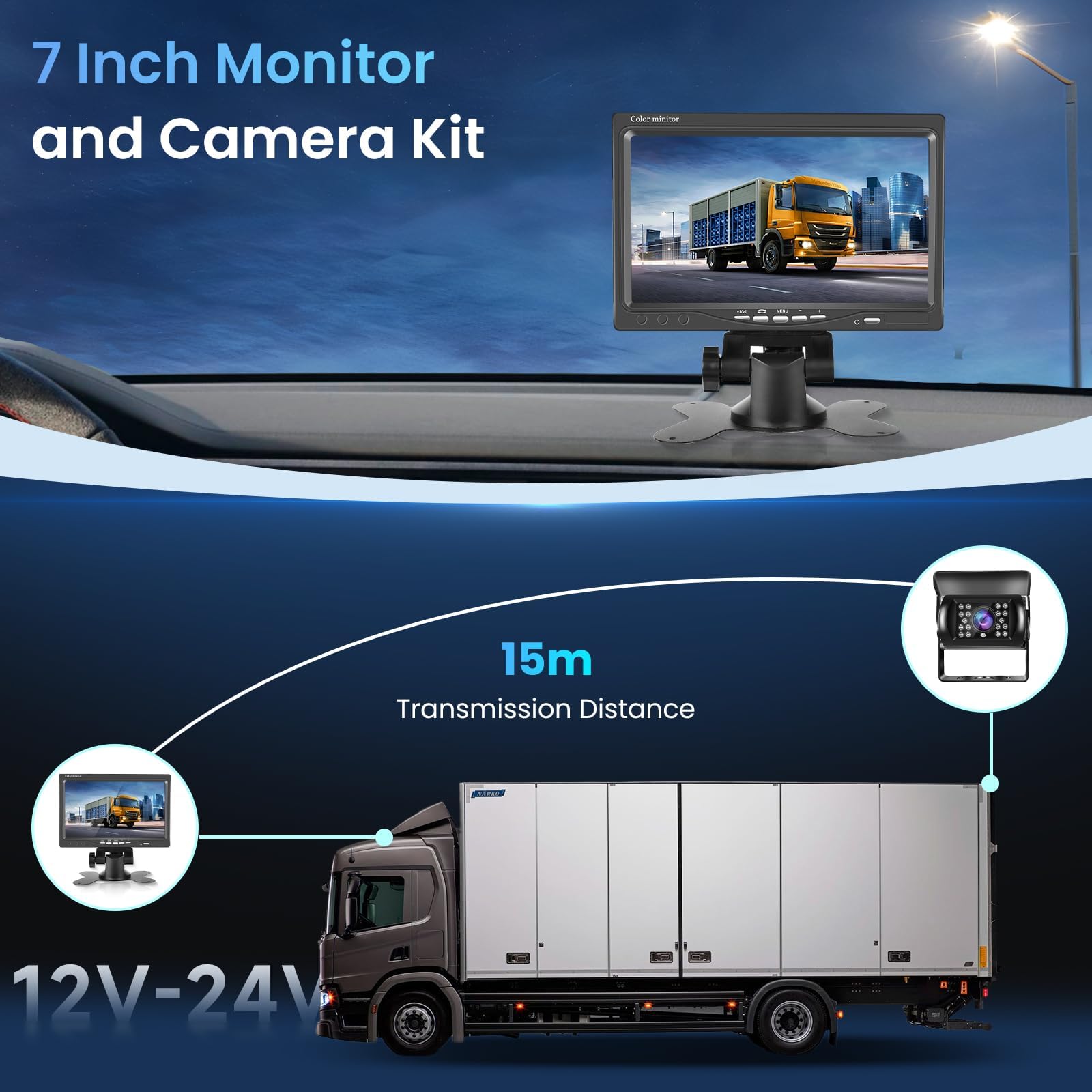 Telecamera Retromarcia 7 Pollici HD Monitor Telecamera di Retromarcia, IP69 Impermeabile IR Visione Notturna Telecamera Posteriore Per Camion, Autobus, Furgoni, Camper, Pickup, 15M Cavo