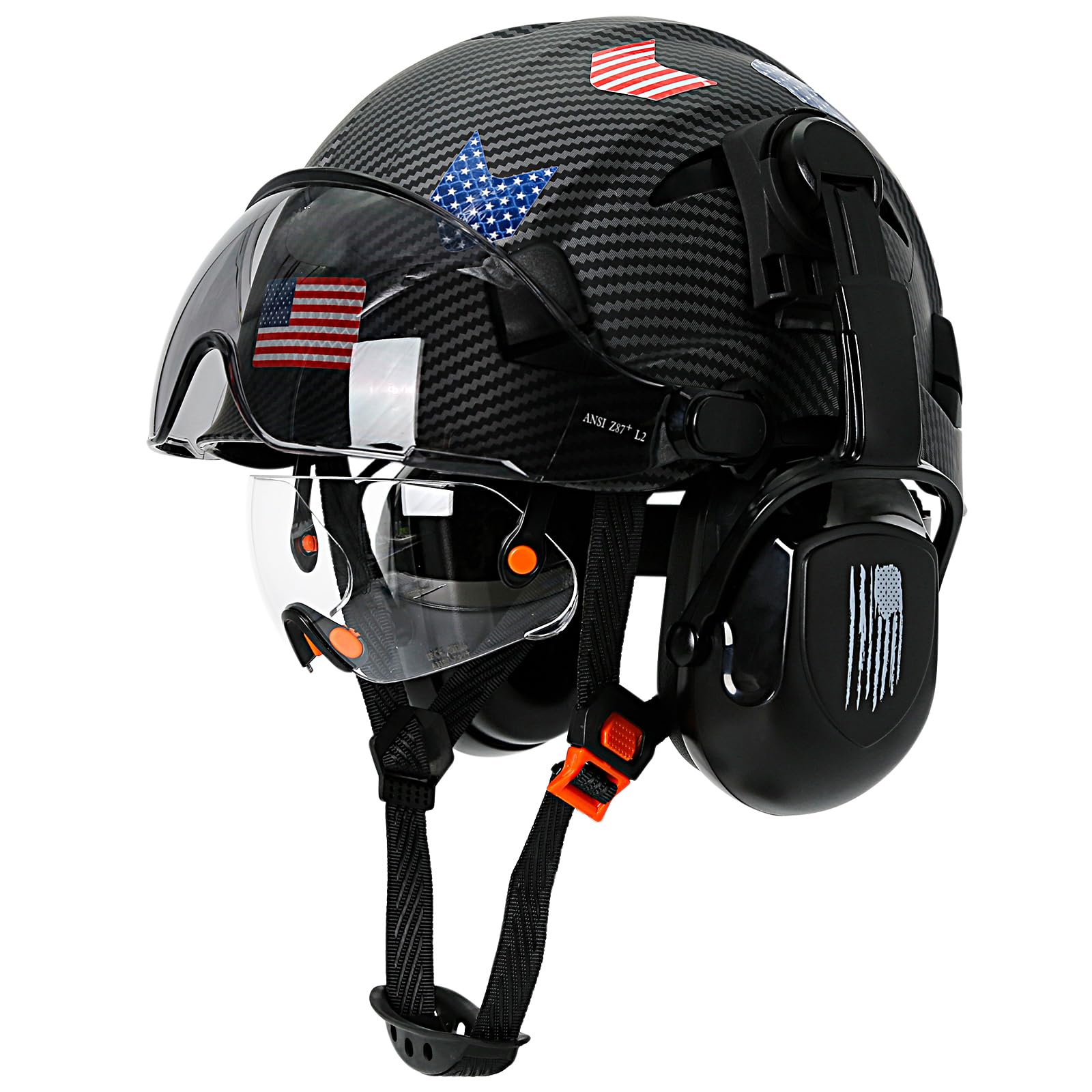 Aolamegs Safe Carbon Fiber Pattern Hard Hat with Visor - Hard Hats with Double Safety Glasses Construction OSHA Approved for Men,Vented Safety Helmet