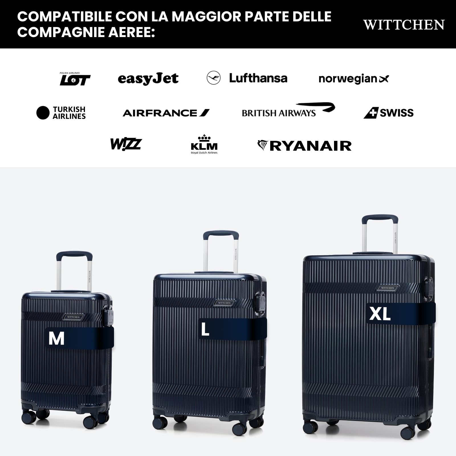 WITTCHEN Set valigie in policarbonato Gloss Line | set di valigie rigide con 4 ruote | Blu Navy