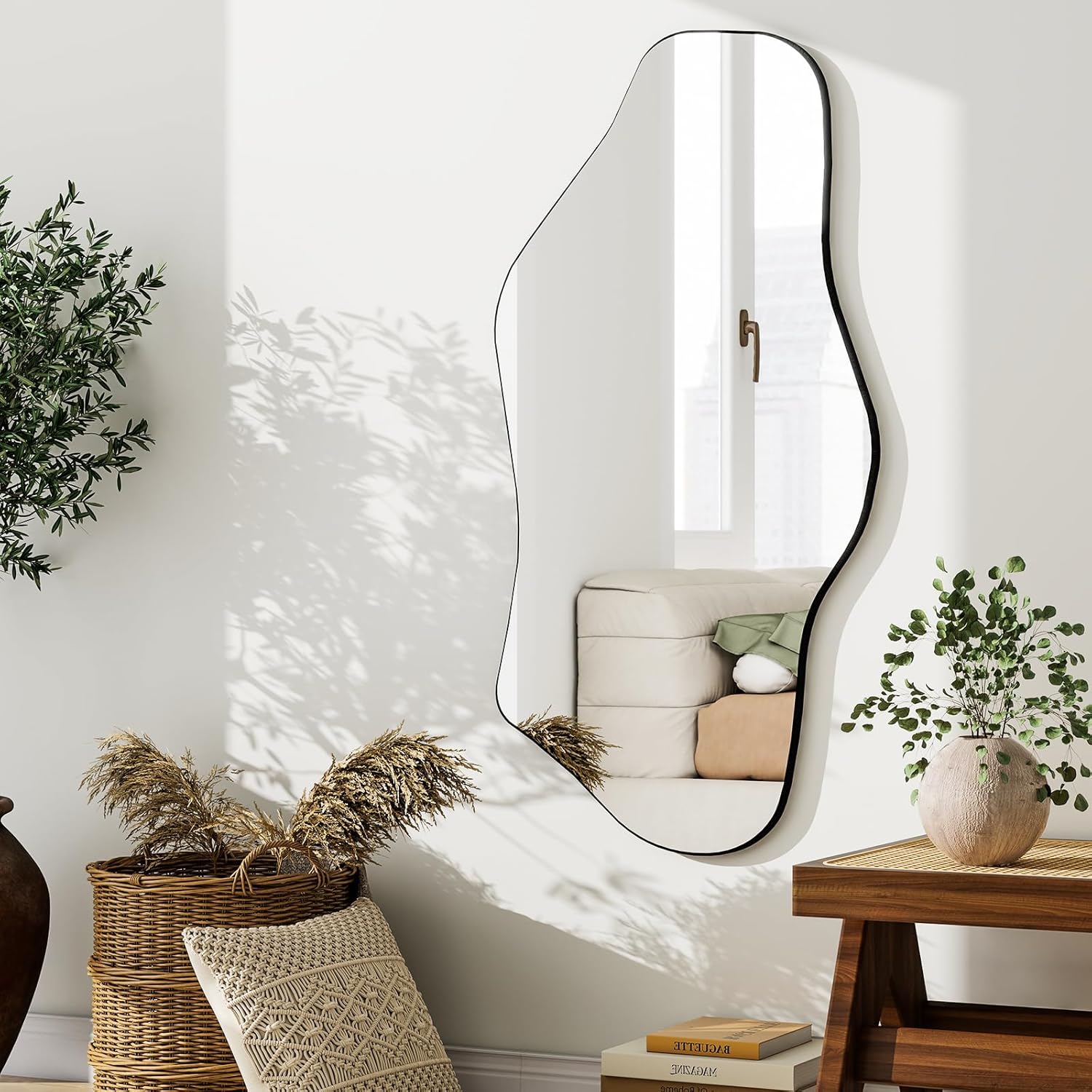 GLSLAND Irregular Wall Mirror 20"x40" - Frameless Wavy Bathroom Mirror with Asymmetrical Edge, Wall Mirrors Decorative for Bedroom, Living Room, Hallway