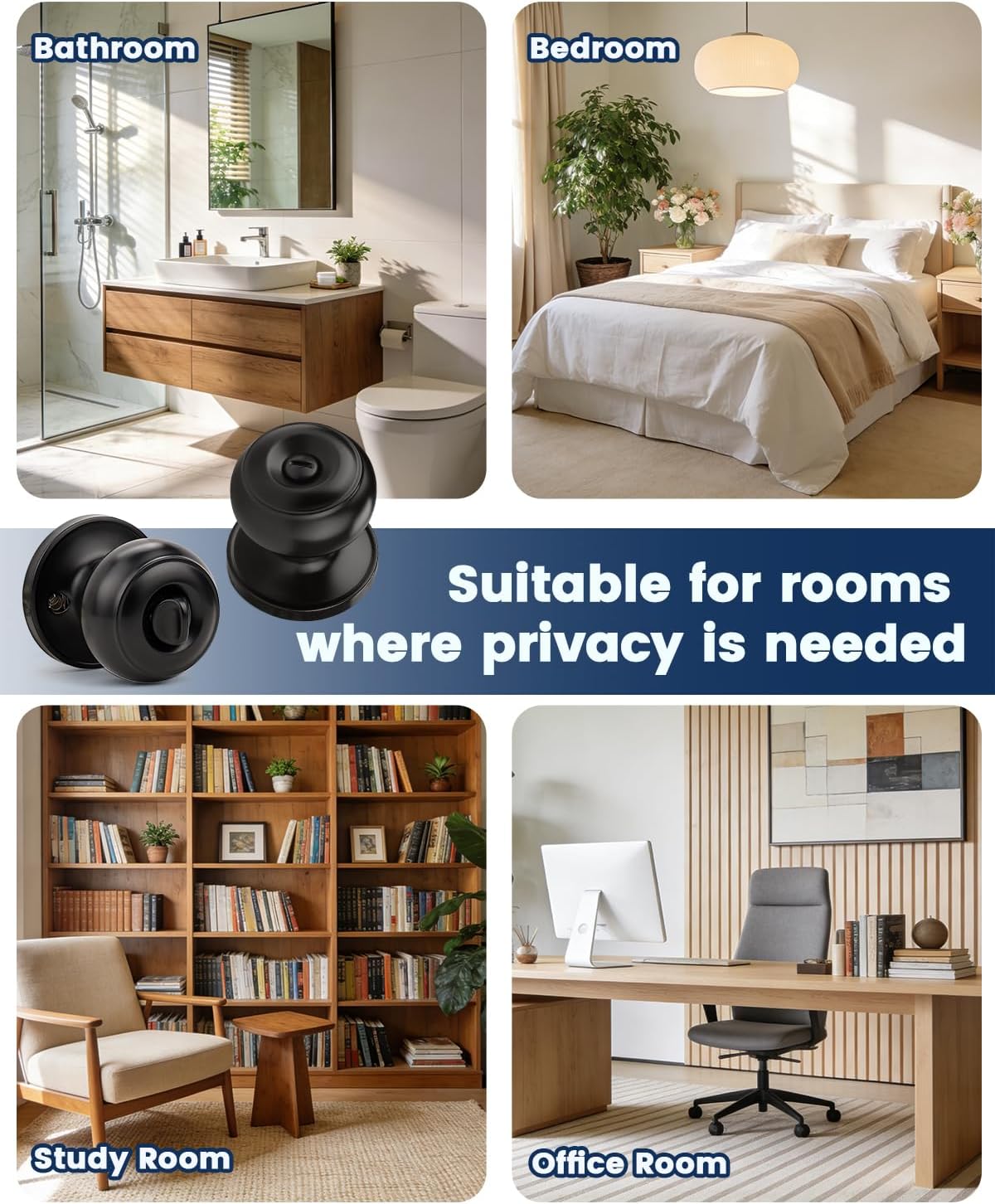 Orger 6 Pack Matte Black Privacy Door Knobs Interior, Classic Round Shape Bedroom Doorknobs with Lock, Keyless Modern Design Door Lockset for Bathroom and Bedroom image 4