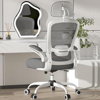 Mimoglad Office Chair, Comfy Desk Chair - High Back Ergonomic Computer Chair with Adjustable Lumbar Support & Headrest, Flip-up Armrests for Guitar Playing (White Frame with Dark Grey Foam)