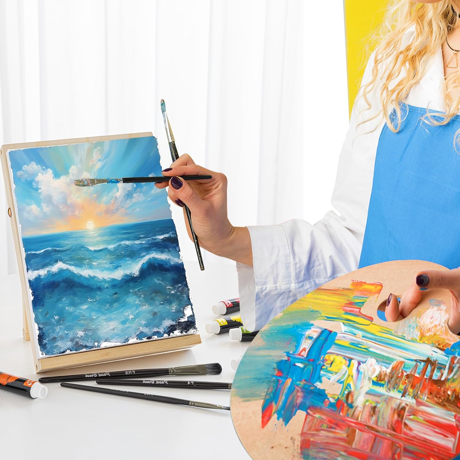 Canvas & Easel Set for Painting, 6 Pack Paint Canvases and 1 Tabeltop Easel, Idea Art Supplies kit for Oil & Acrylic