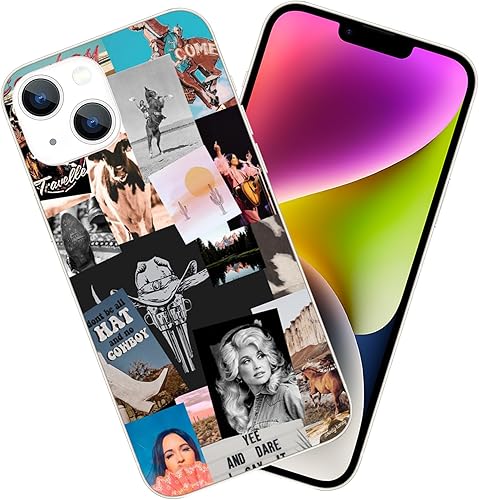 Funda compatible con iPhone 15 Plus, diseño retro occidental, vaquera, vaquera, country chic, collage estético, a prueba de golpes, con diseño único